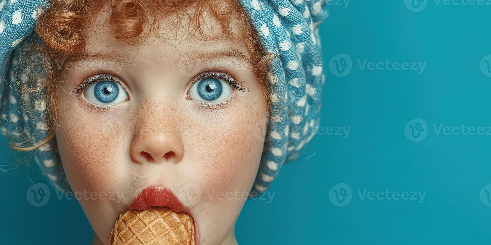 Young child enjoying ice cream cone with vibrant blue background on a sunny day photo