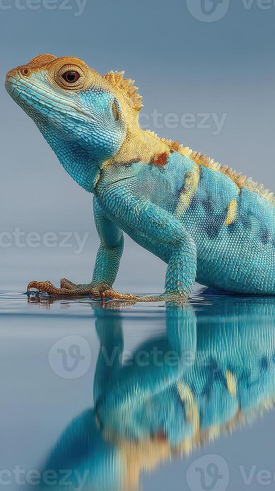 Unique blue lizard resting by water during daylight in a serene setting photo