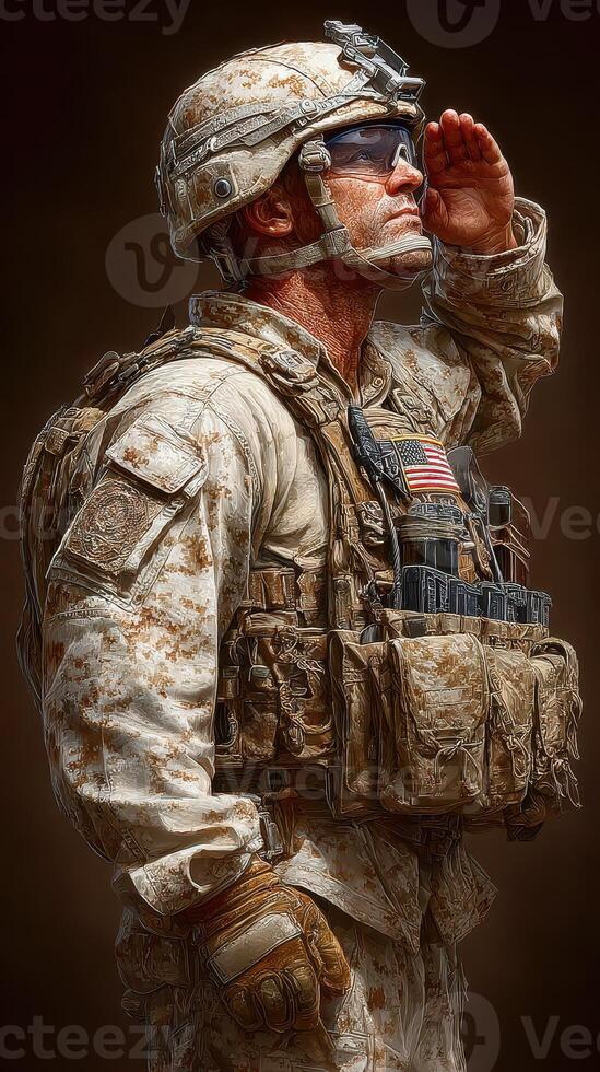 Soldier in military uniform saluting, showcasing dedication and honor during training drill in field environment photo