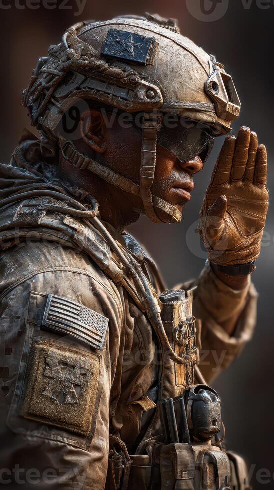 Soldier in tactical gear saluting during a dusty outdoor operation in a conflict zone at sunset photo
