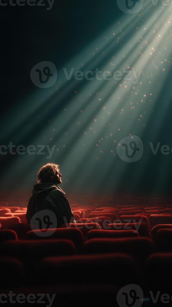 Man sitting alone in a dark theater bathed in beams of light with scattered dust particles photo