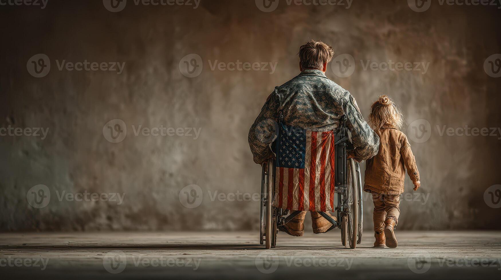 Veteran seated in wheelchair with child in rustic indoor setting during quiet moment of connection photo
