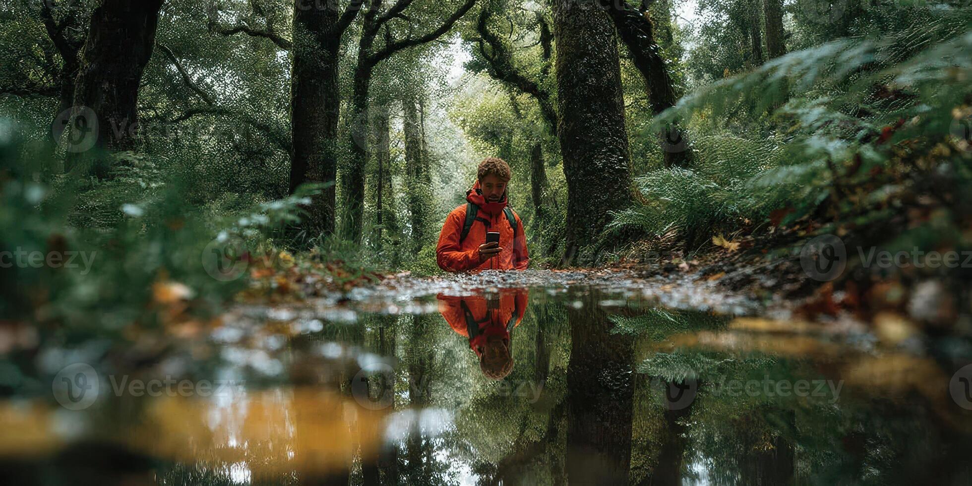 Hiker exploring a tranquil forest reflecting in a calm puddle on a rainy day photo