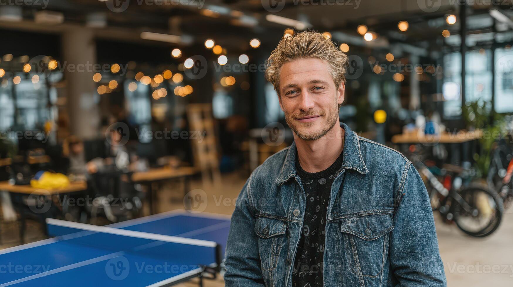 Young man smiles in modern coworking space featuring ping pong table and unique lighting setup photo