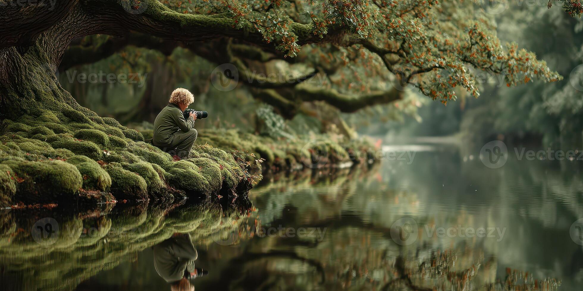 Nature photographer captures reflections near a tranquil river surrounded by lush greenery during golden hour photo