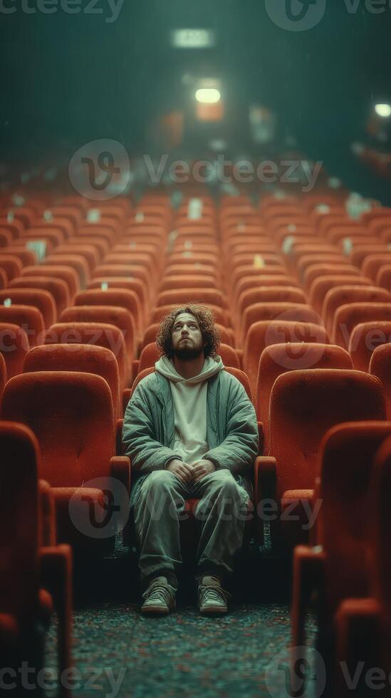 Alone in a quiet theater, a man reflects while seated among empty red chairs during a late evening screening photo