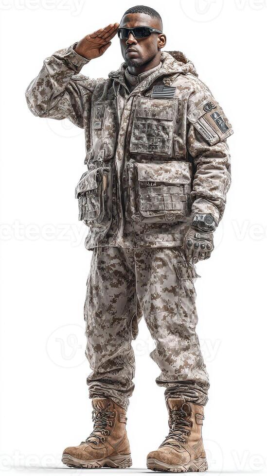 Military personnel saluting proudly in camouflage uniform during training at a military base photo