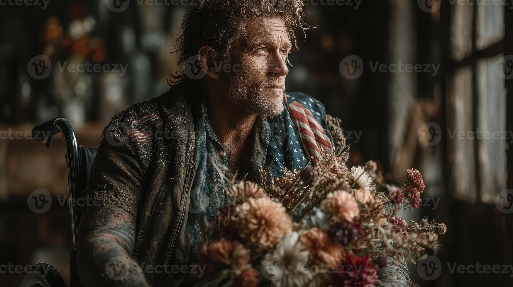 Man in wheelchair holding wildflowers in a rustic interior during golden hour photo