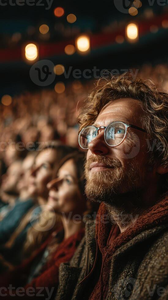 Audience member enjoying live performance in theater during evening show with captivating atmosphere photo