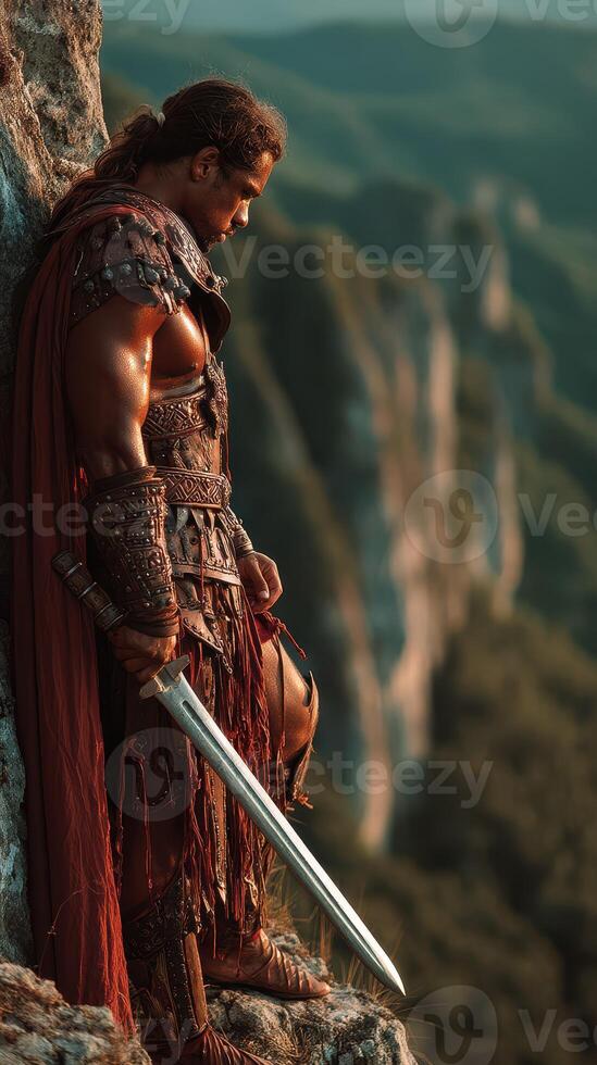 Warrior stands on cliff edge overlooking vast landscape at dusk in a moment of reflection photo
