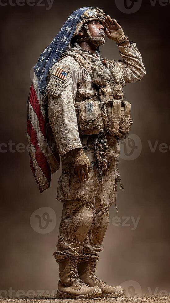 Soldier in military gear saluting while draped in American flag against a neutral background photo