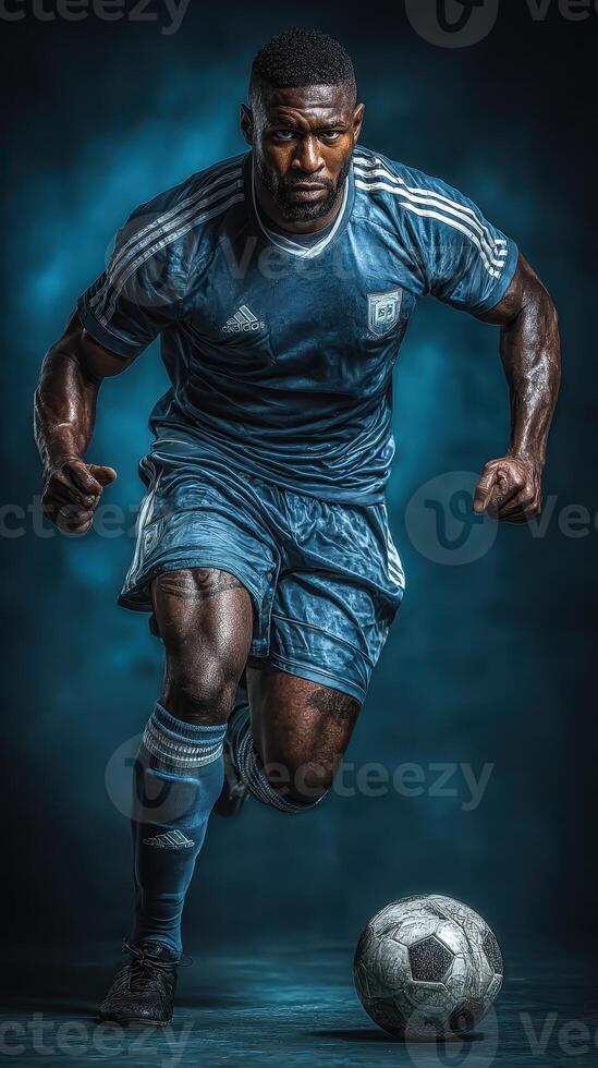 Professional soccer player dribbling a ball during a dynamic game in a dramatic blue lighting setup photo