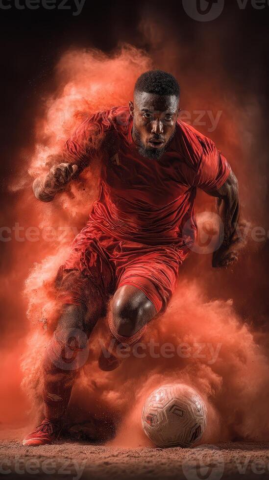 Dynamic soccer player in red uniform kicking a ball in a cloud of dust photo