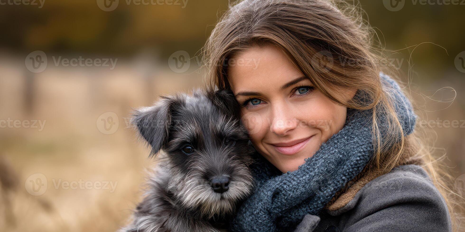 Woman enjoys a close moment with her puppy in a serene outdoor setting during a crisp autumn day photo