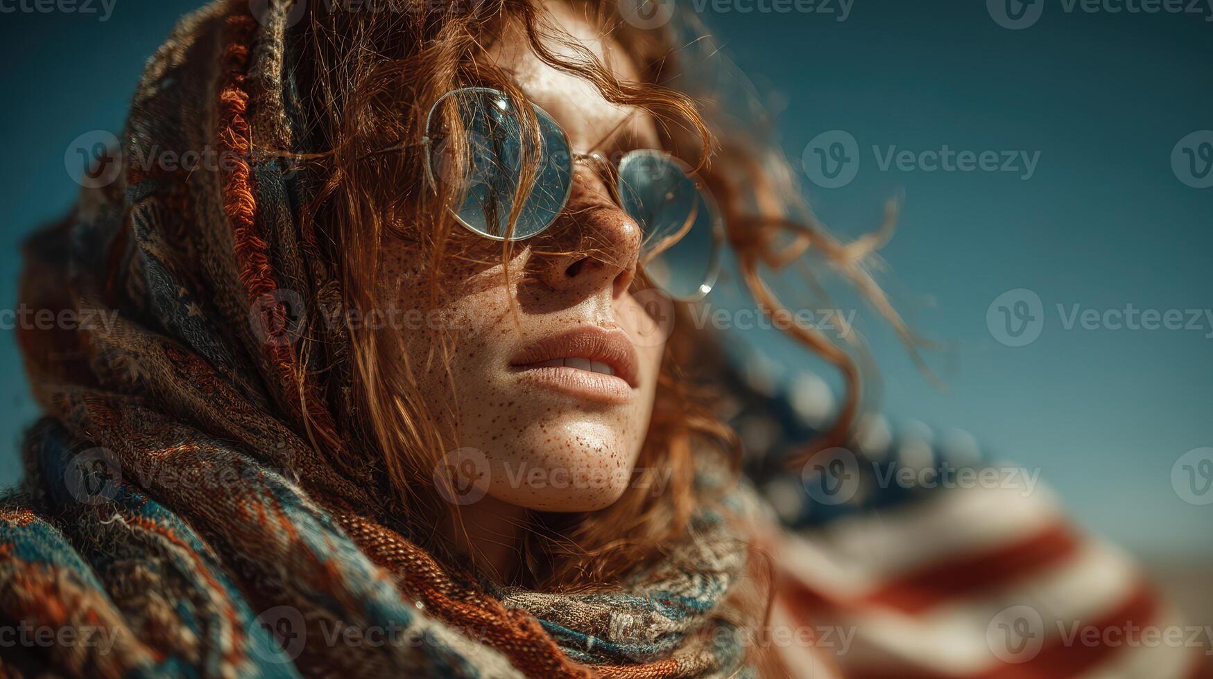 Woman in sunglasses and scarf enjoying a sunny day outdoors with vibrant colors of nature in the background photo