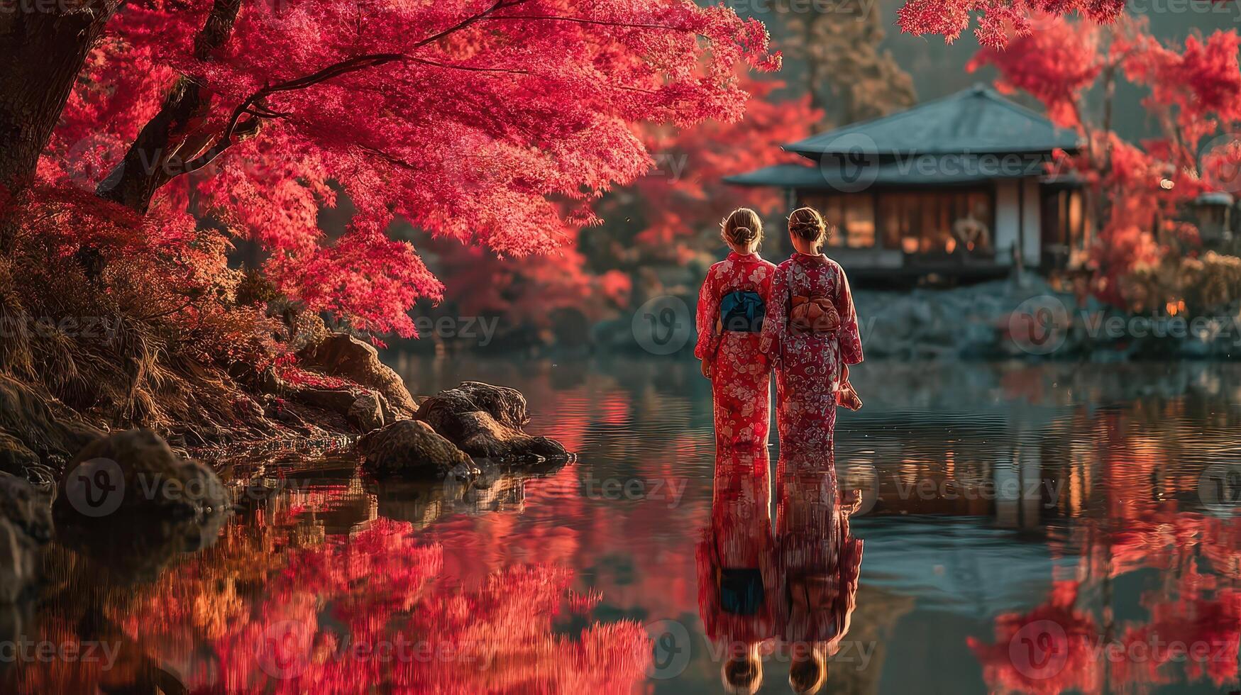 Two women in traditional clothing enjoy a serene moment by a red maple tree lake during the autumn photo