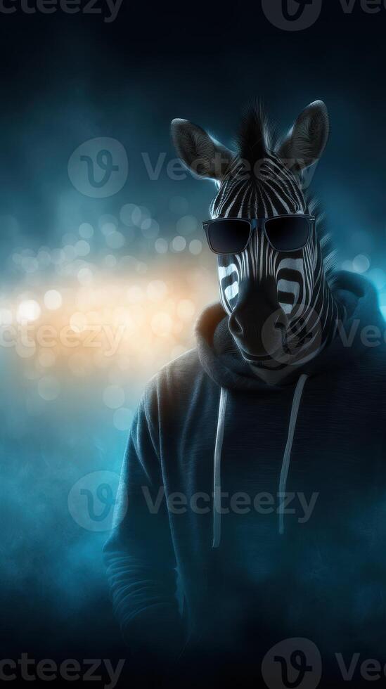 Zebra wearing sunglasses poses in a darkened environment with a colorful background of lights and mist photo