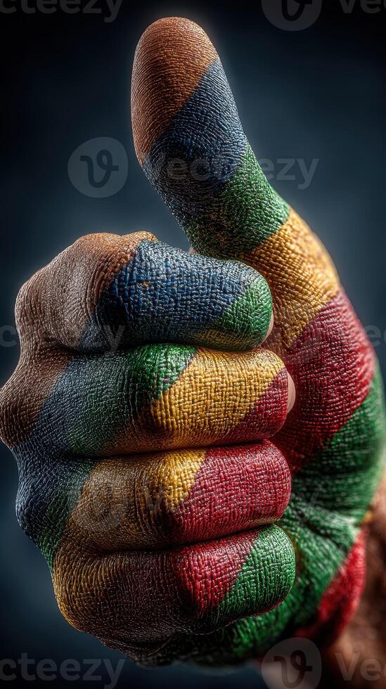 Multicolored hand with painted patterns giving a thumbs up gesture against a dark background photo