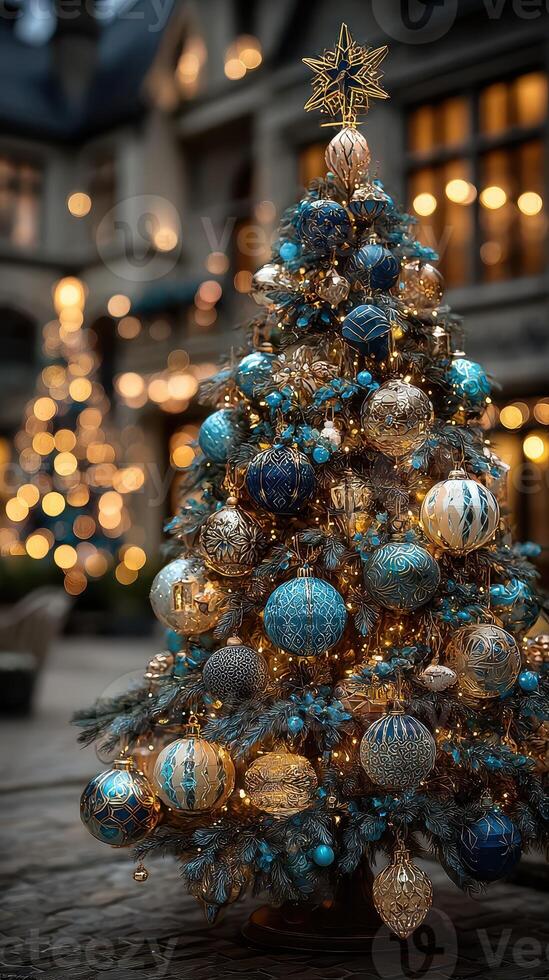 Elegant blue and gold Christmas tree adorned with ornaments and lights in a festive courtyard photo