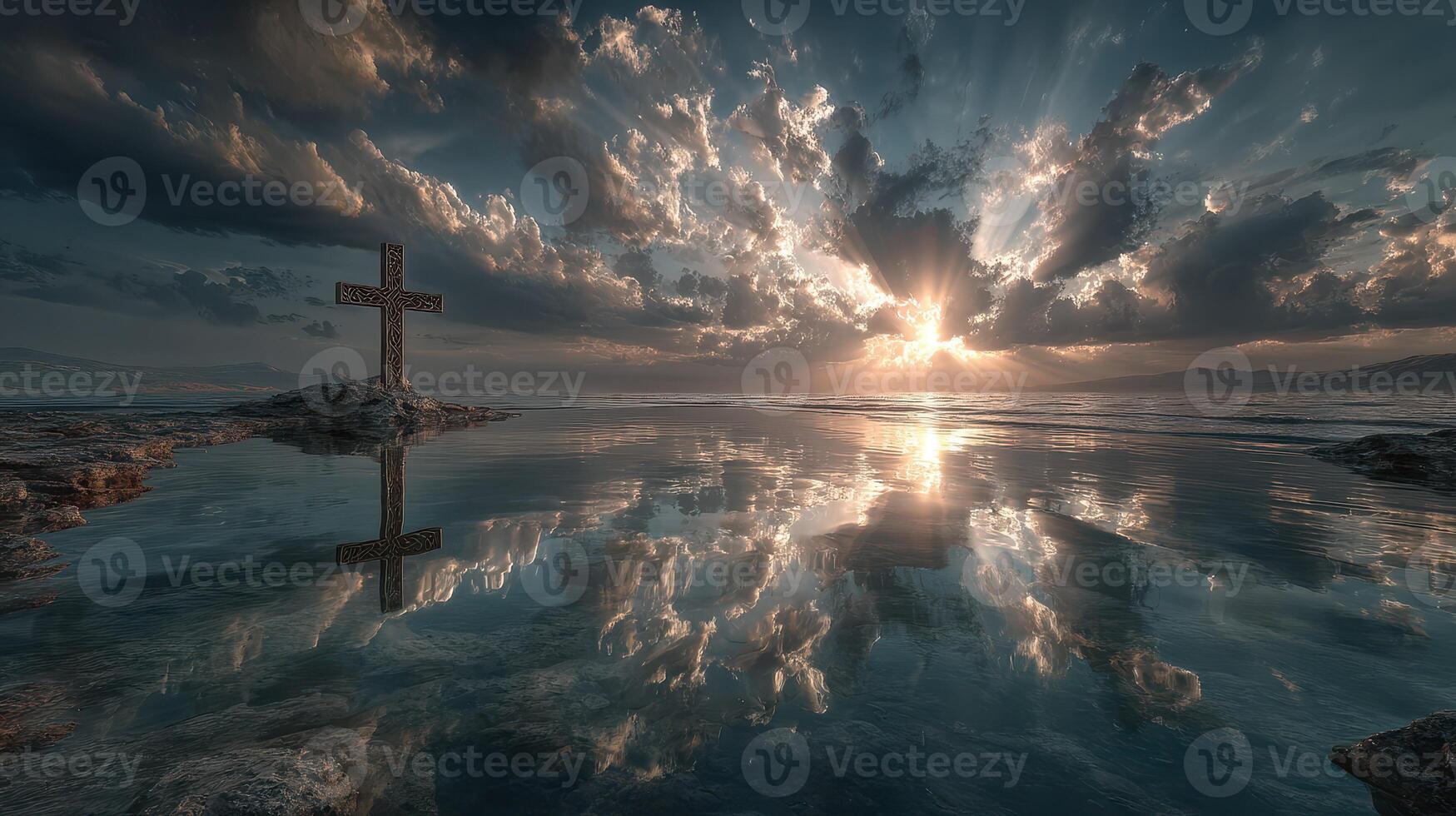 Sunrise over calm waters with cross reflection against dramatic cloudscape in serene landscape photo