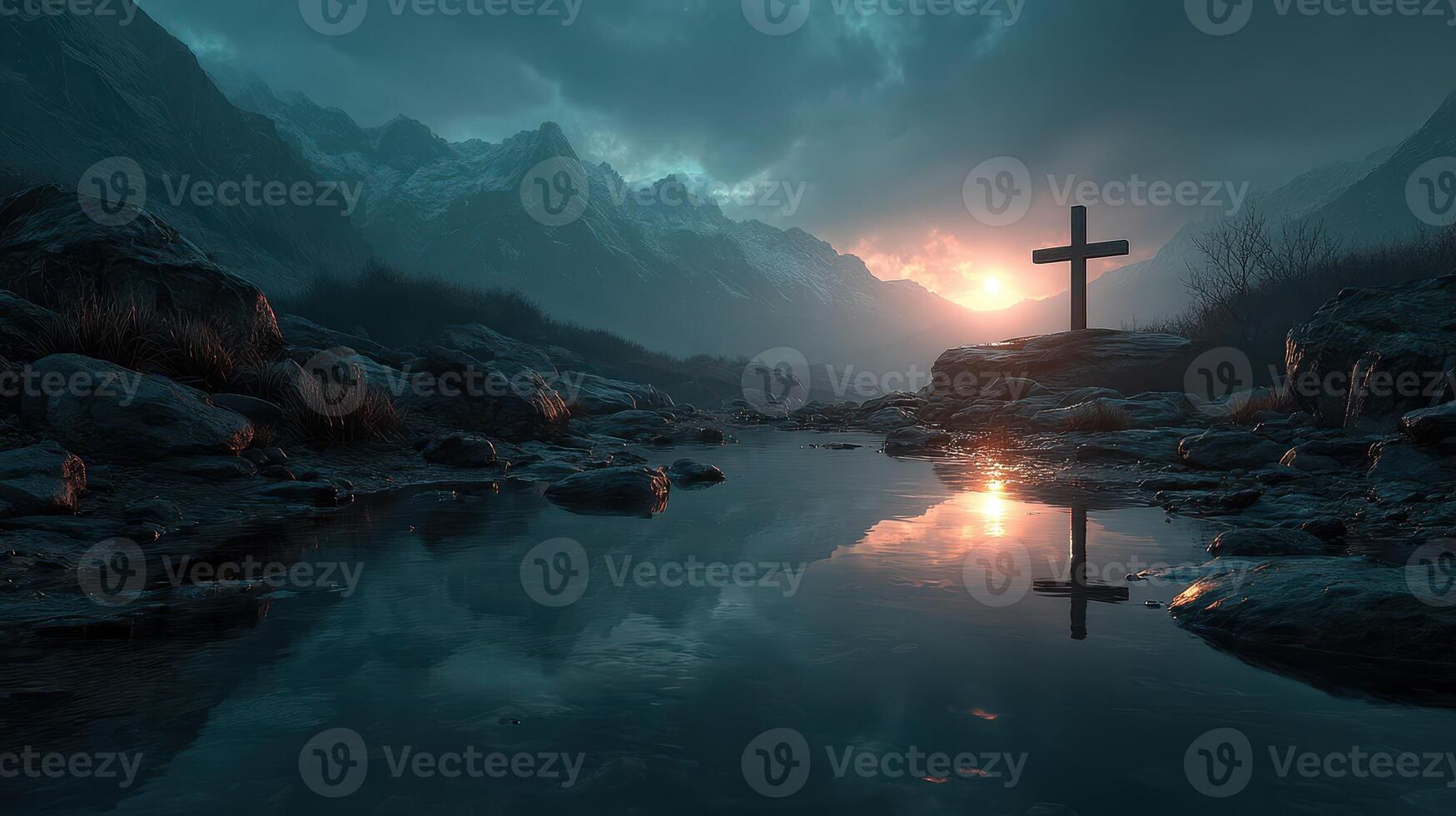 Mountain landscape at dusk with reflection of cross in water and dramatic sky photo