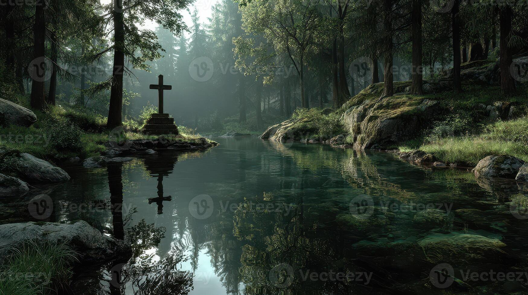 Misty forest landscape with a cross and tranquil water reflecting trees during early morning photo