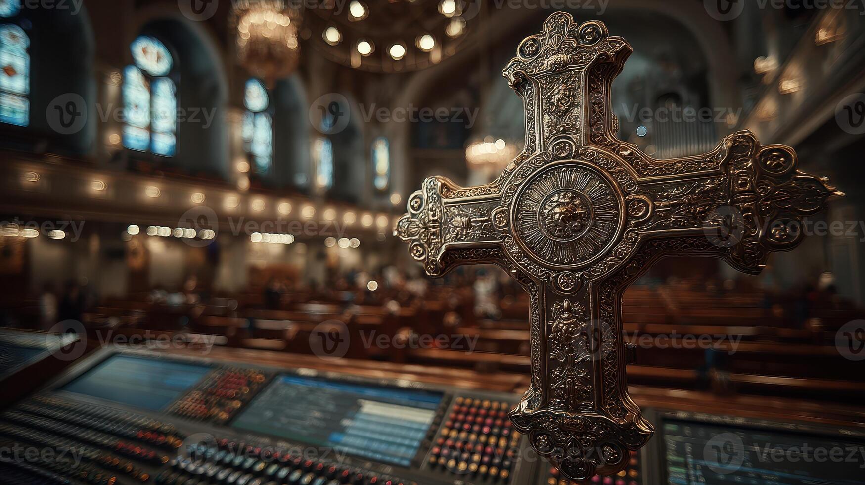 Intricate cross displayed in a grand cathedral during a serene worship service at dusk photo