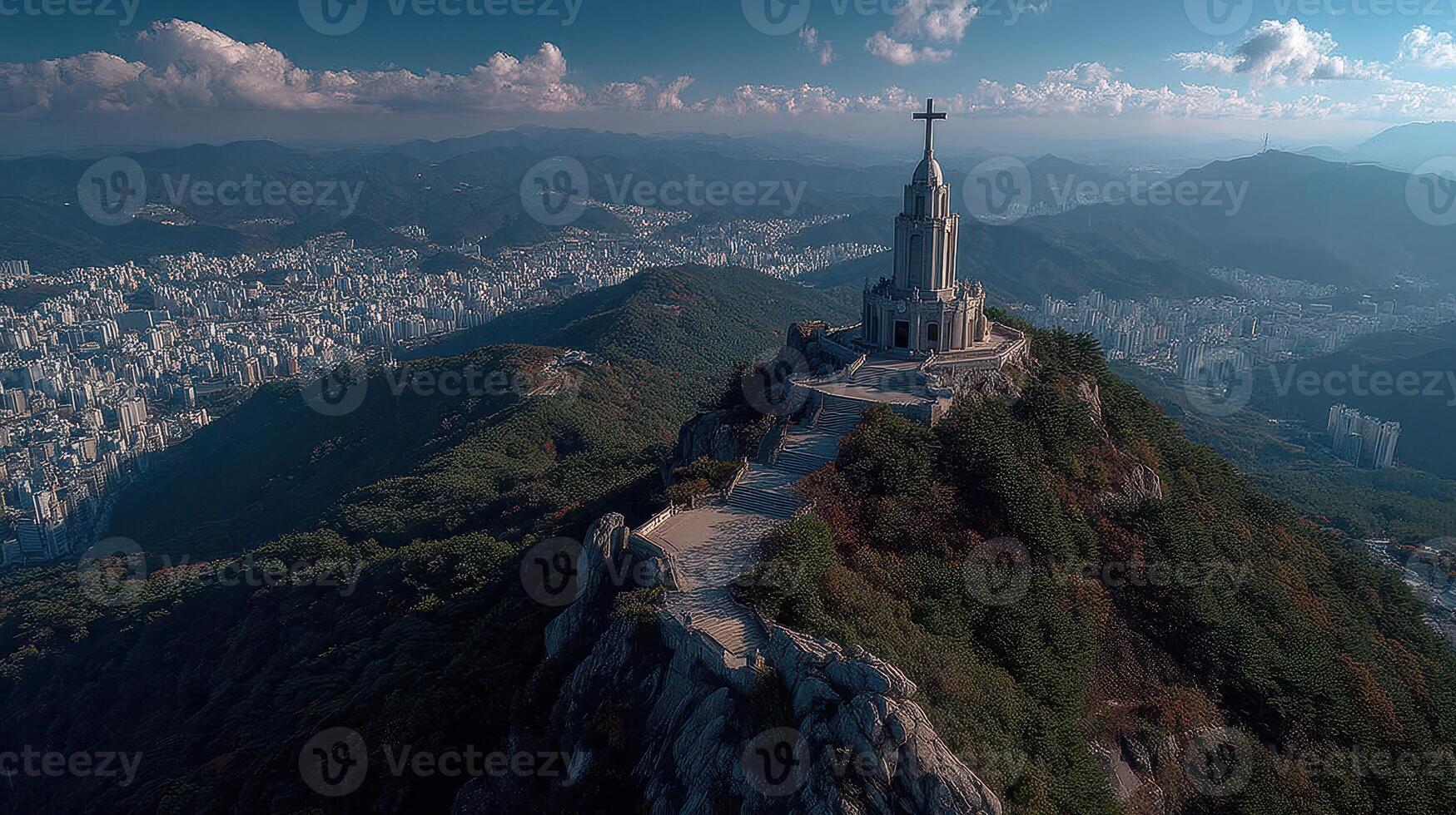 Landmark on mountain summit with cross overlooking cityscape and mountains during daylight photo