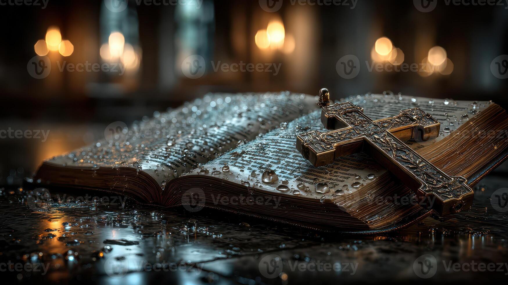 Book with cross resting on its pages in a dimly lit space creates a serene atmosphere of reflection and reverence photo