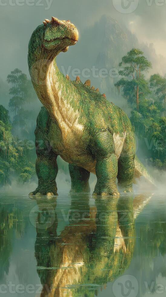 Giant dinosaur standing in a misty lake surrounded by lush forest in a prehistoric landscape photo