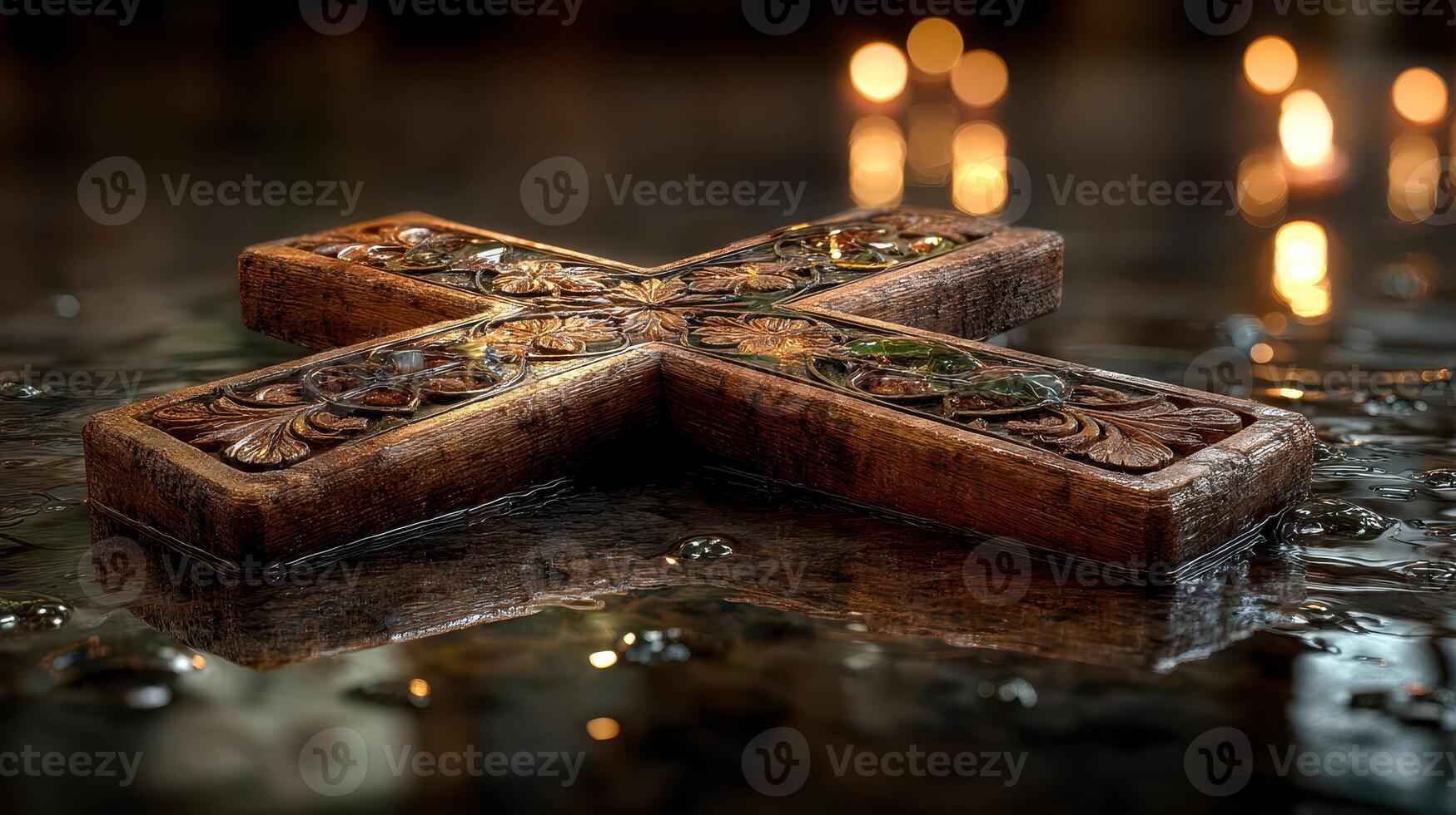 Detailed wooden cross rests on a reflective surface with soft lighting creating a serene atmosphere in the background photo