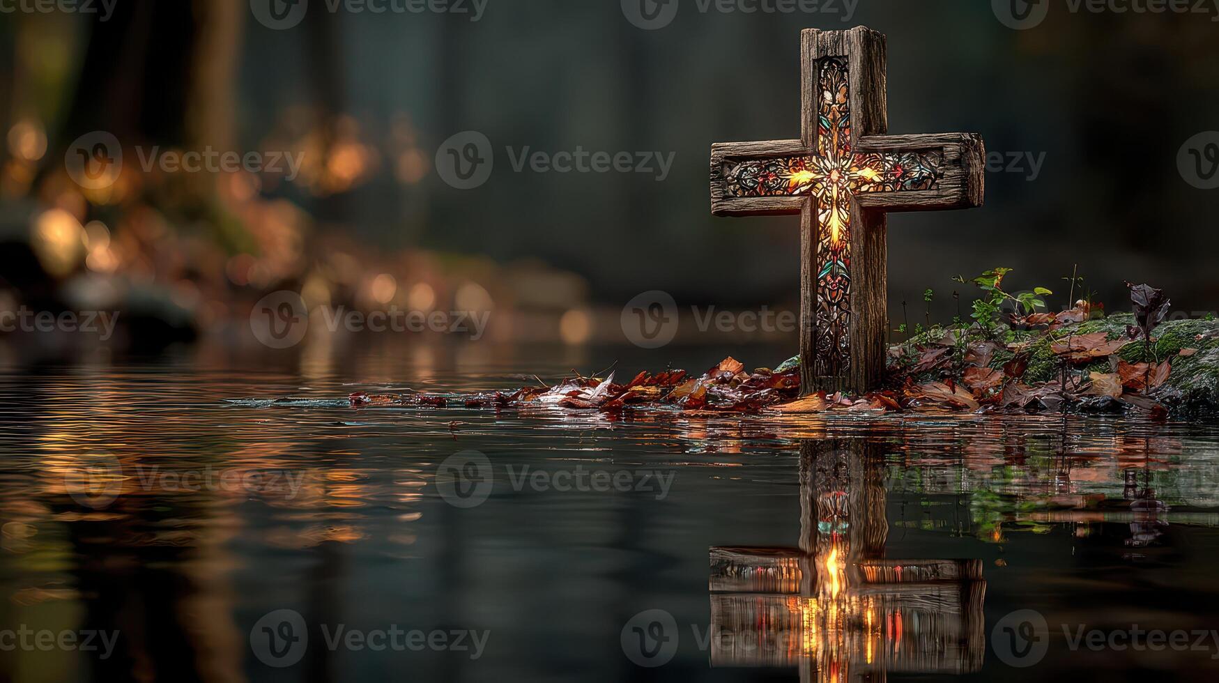 Wooden cross illuminated in tranquil water surrounded by fallen leaves in a forest setting during dusk photo