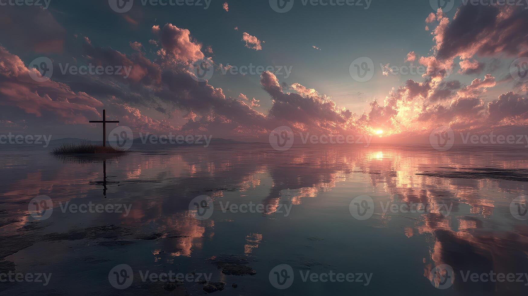 Sunset over tranquil water with a cross on a small island reflecting in the calm surface at dusk photo