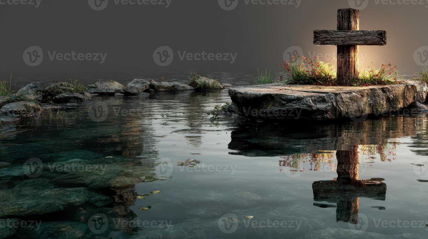 Serene reflection of a rustic wooden cross at twilight by a calm lake surrounded by rocks and gentle flora photo