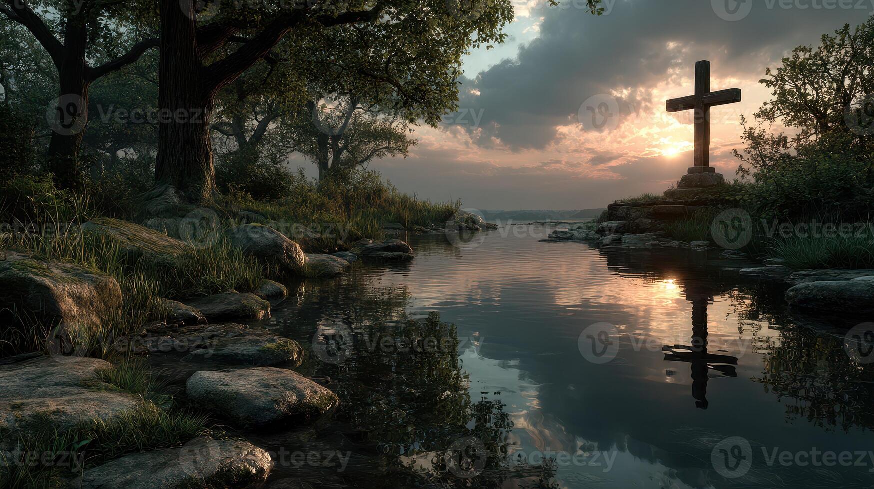 Sunset reflection over a serene river with a stone cross in a tranquil natural setting photo
