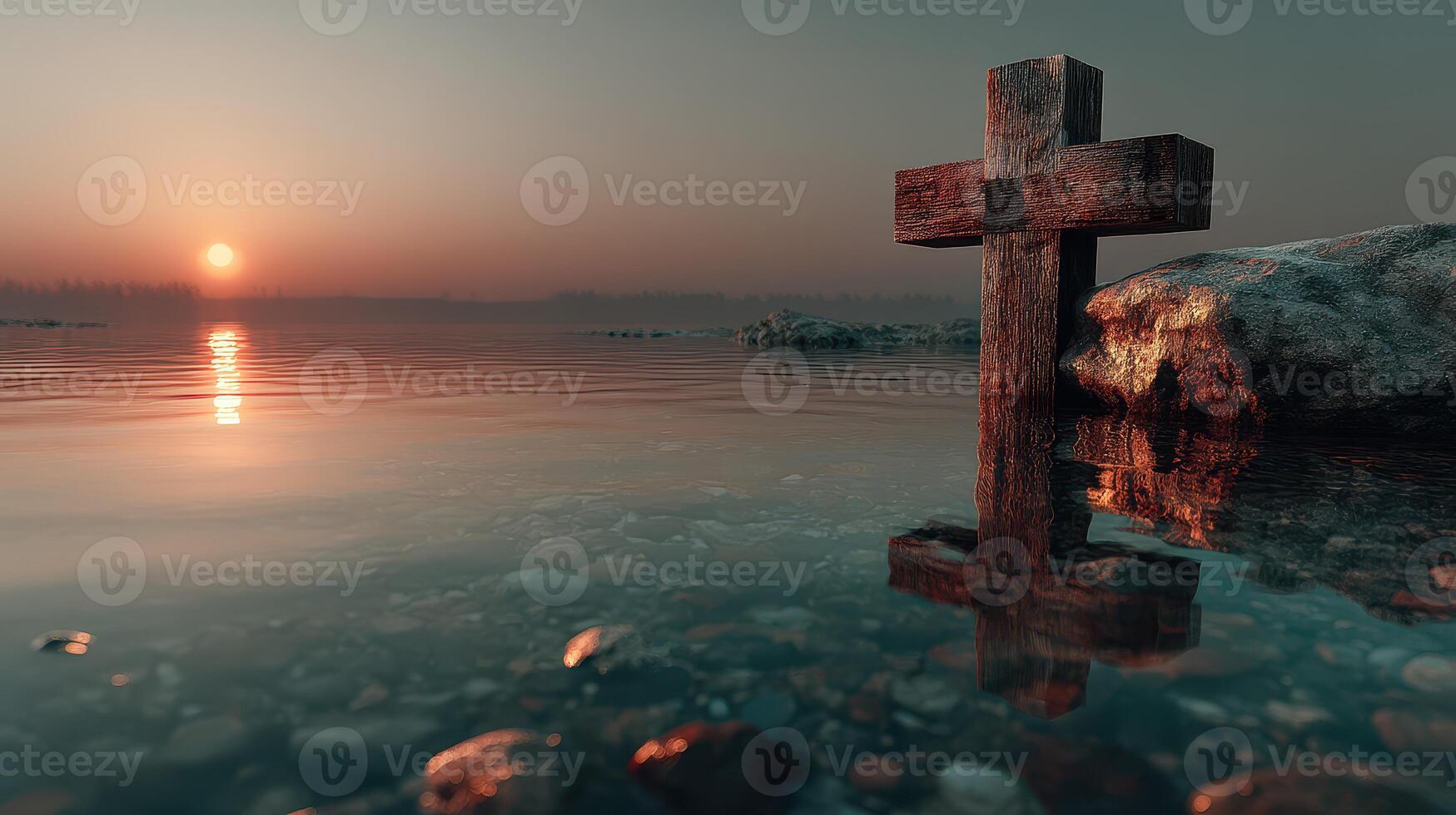 Wooden cross stands in calm water at sunset near shoreline creating a serene reflection photo