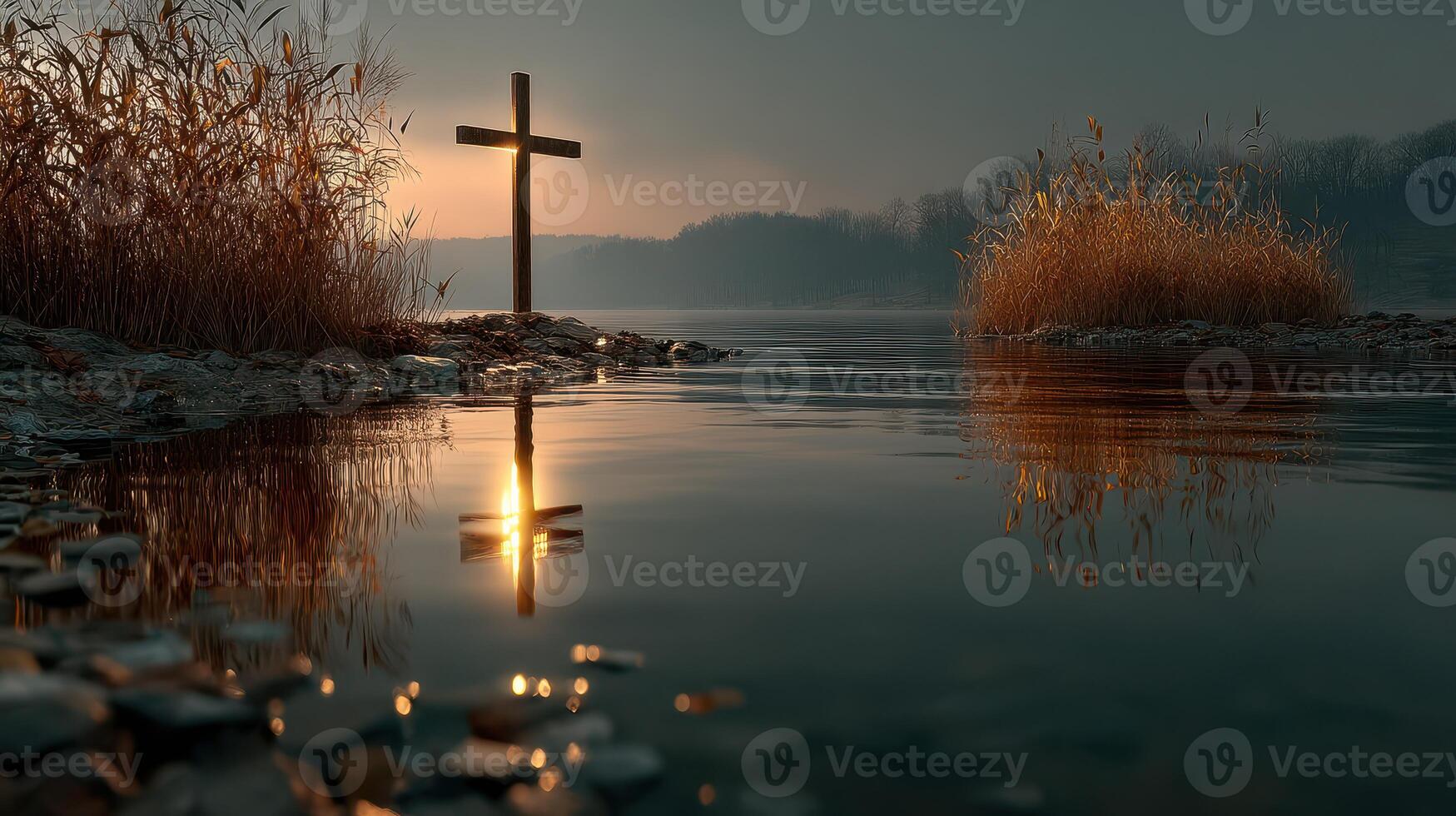 Cross reflection in water surrounded by reeds at sunset near a calm river photo
