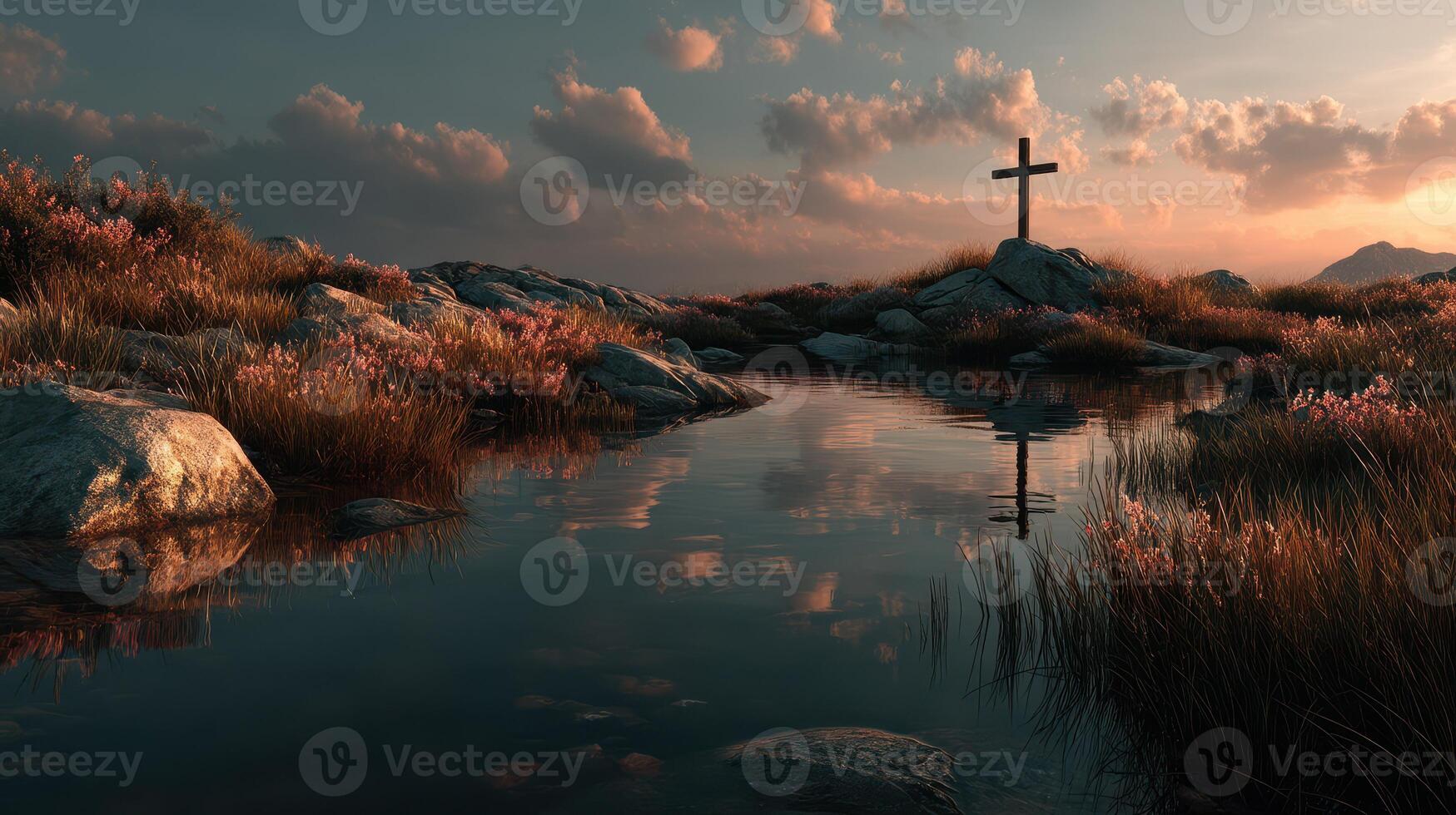 Reflection of a cross at sunset by a tranquil pond in a serene landscape photo