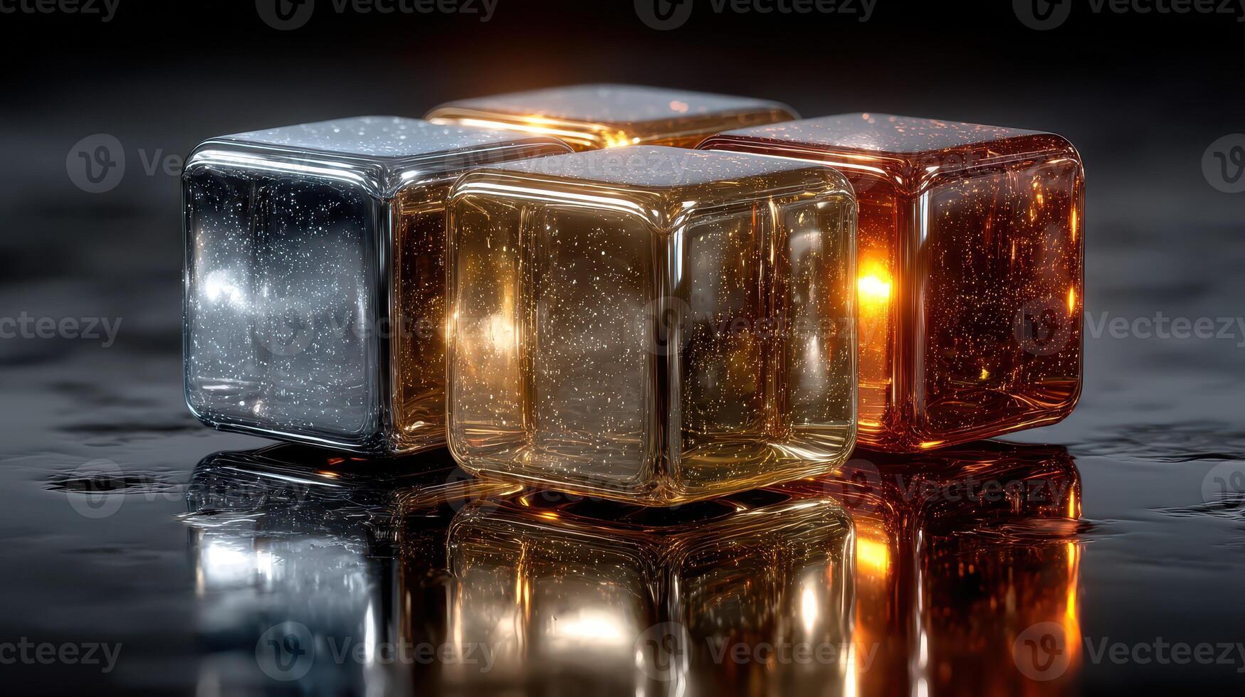 Colorful ice cubes resting on a reflective surface create a striking visual contrast in lowering light photo