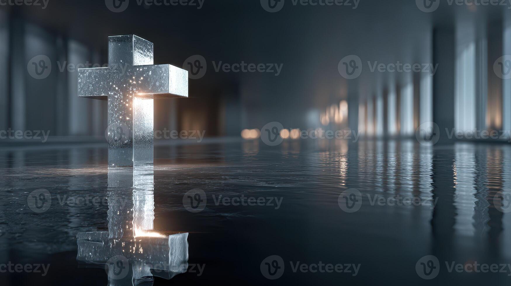 Unique crystal cross highlighted in a reflective space with soft lighting at an indoor setting photo