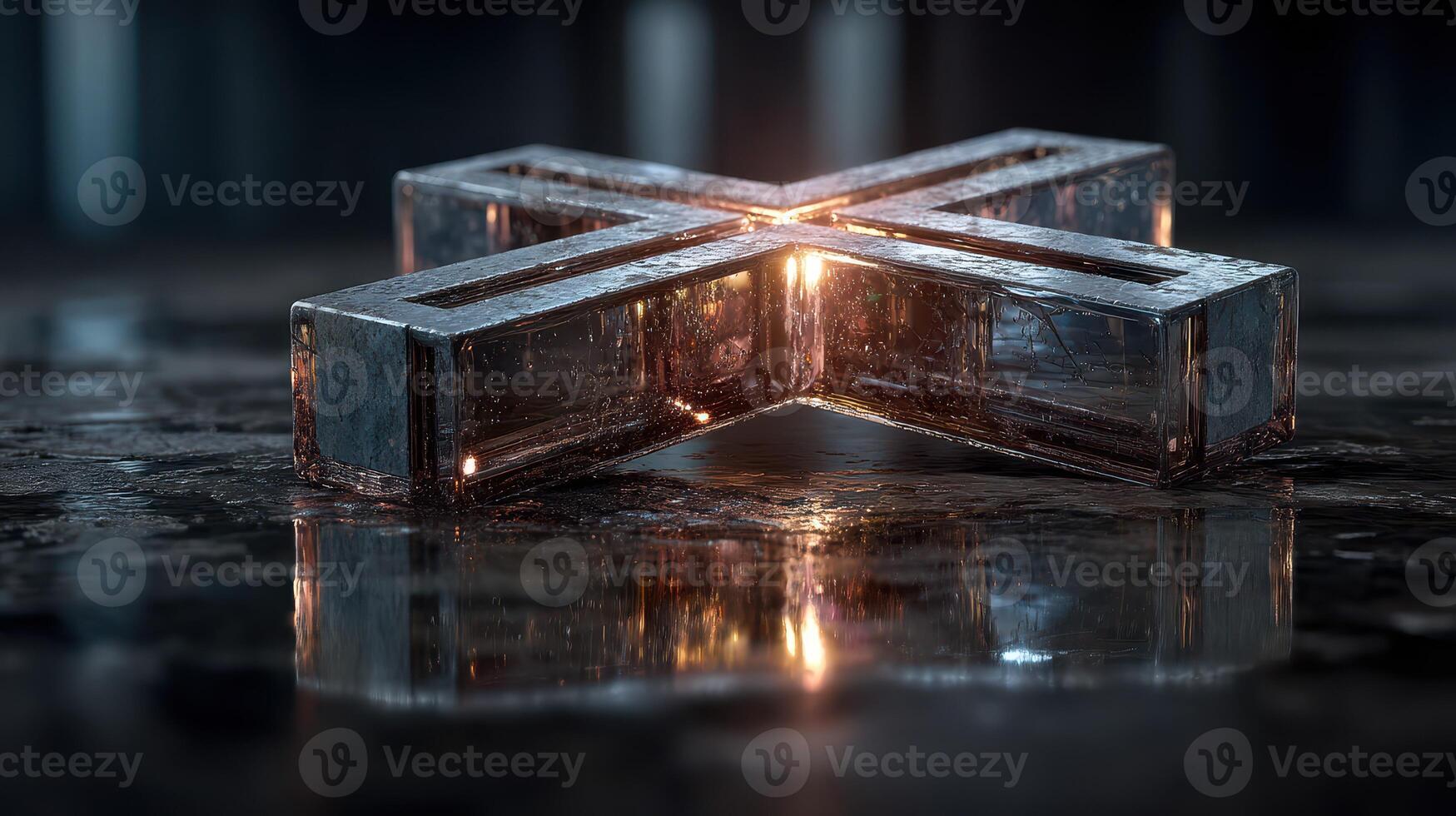Unique transparent shape illuminated on a reflective surface creating a dramatic visual effect at night photo