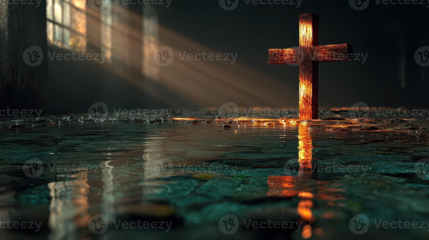 Dramatic light streams through a ruined building illuminating a wooden cross surrounded by reflective water photo