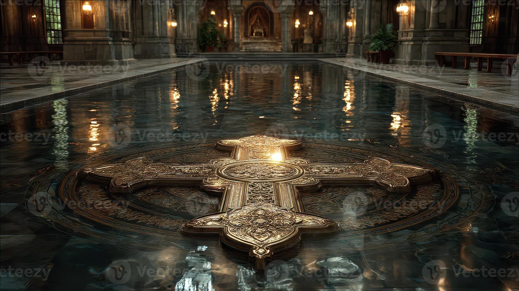Intricate golden cross resting on serene water in a majestic hall with soft lighting and historical architecture in the background photo