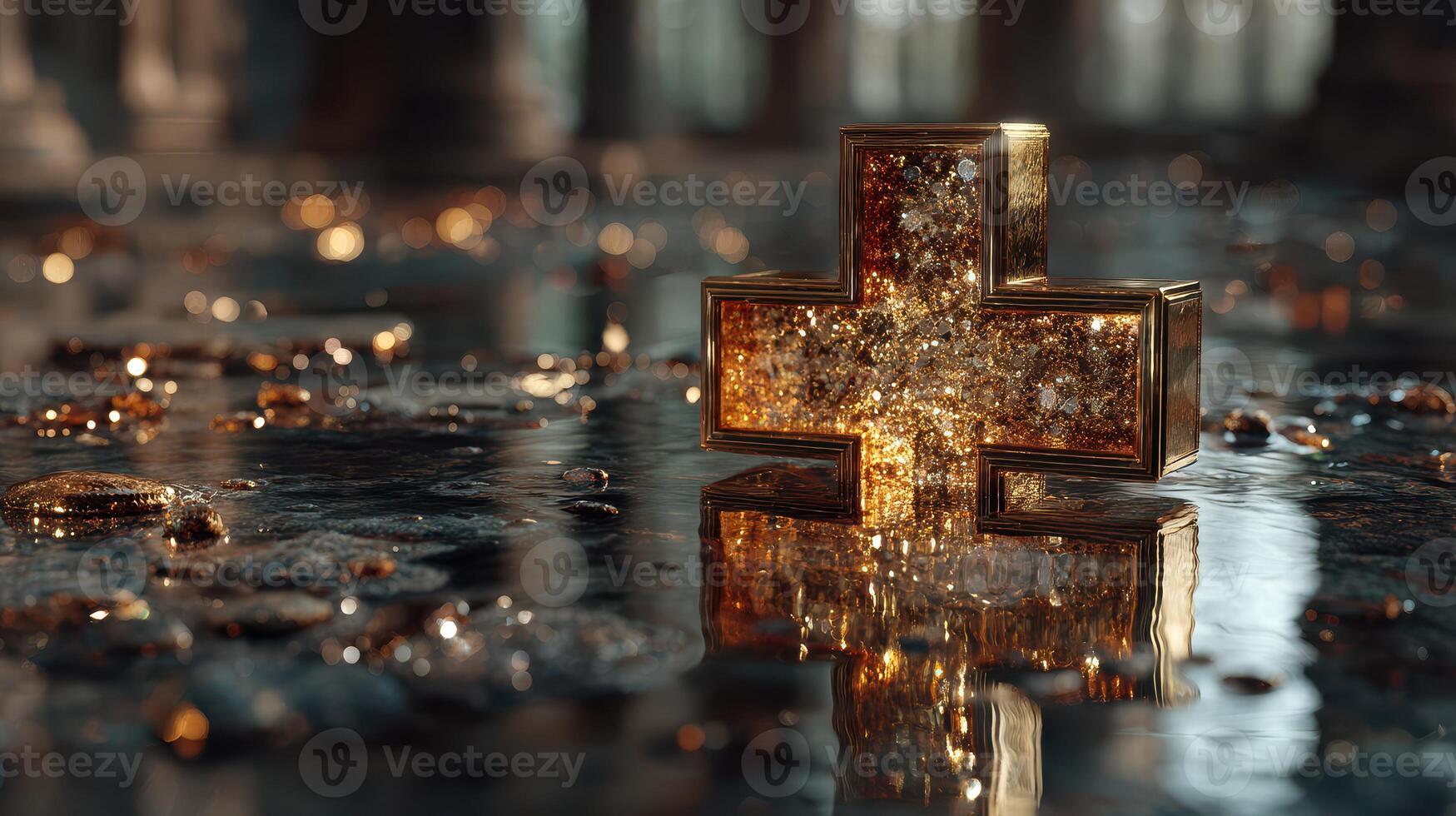 Golden cross glistens in reflective water surrounded by shimmering jewels during a serene moment photo