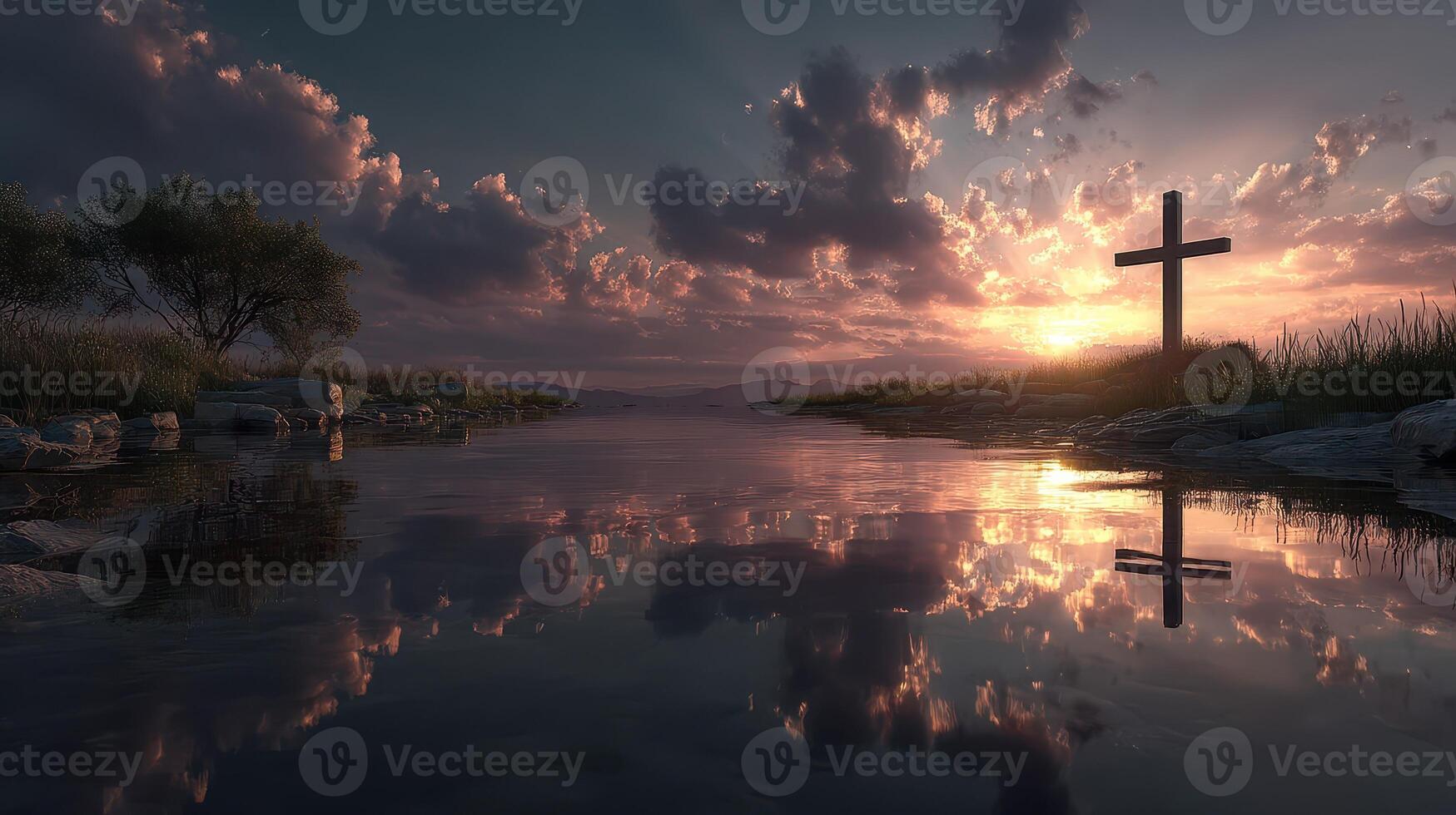 Sunset view over a calm river with a cross silhouette and beautiful cloud formations in the sky photo