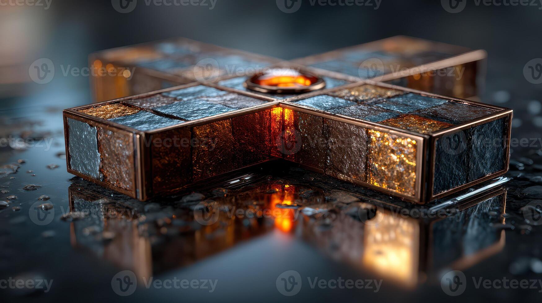 Intricate glass artwork illuminated on a reflective surface showcasing vibrant color contrast and detail at night photo