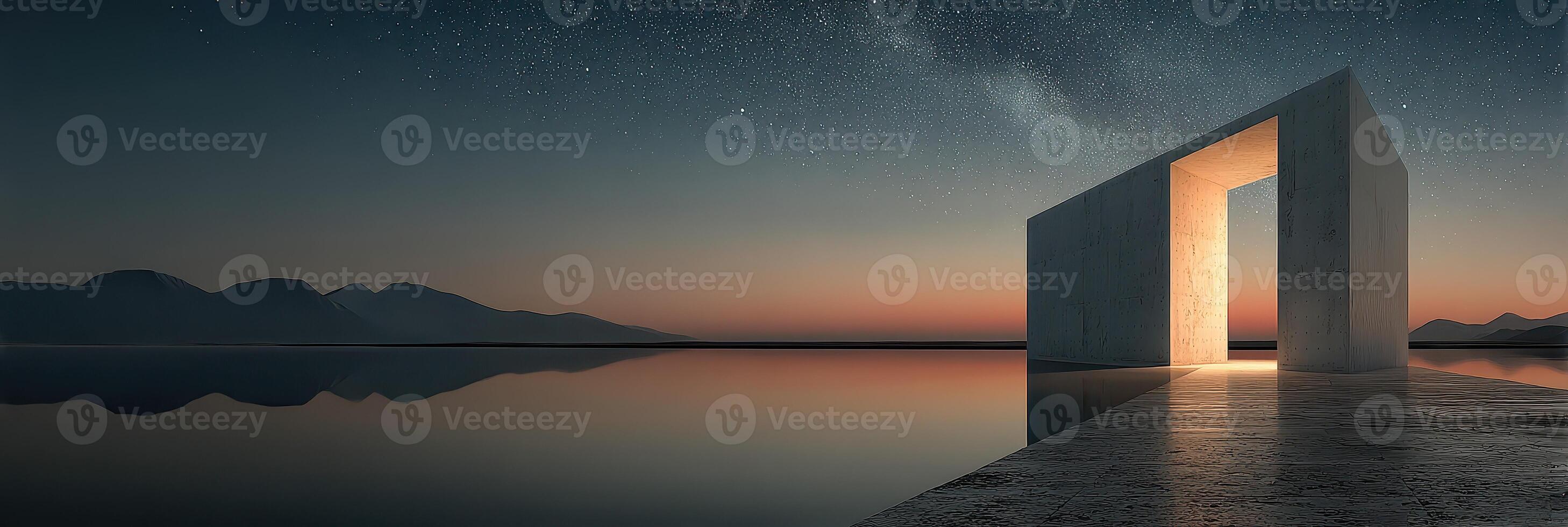 Futuristic architectural structure illuminated at twilight by a serene lake under a starry sky photo