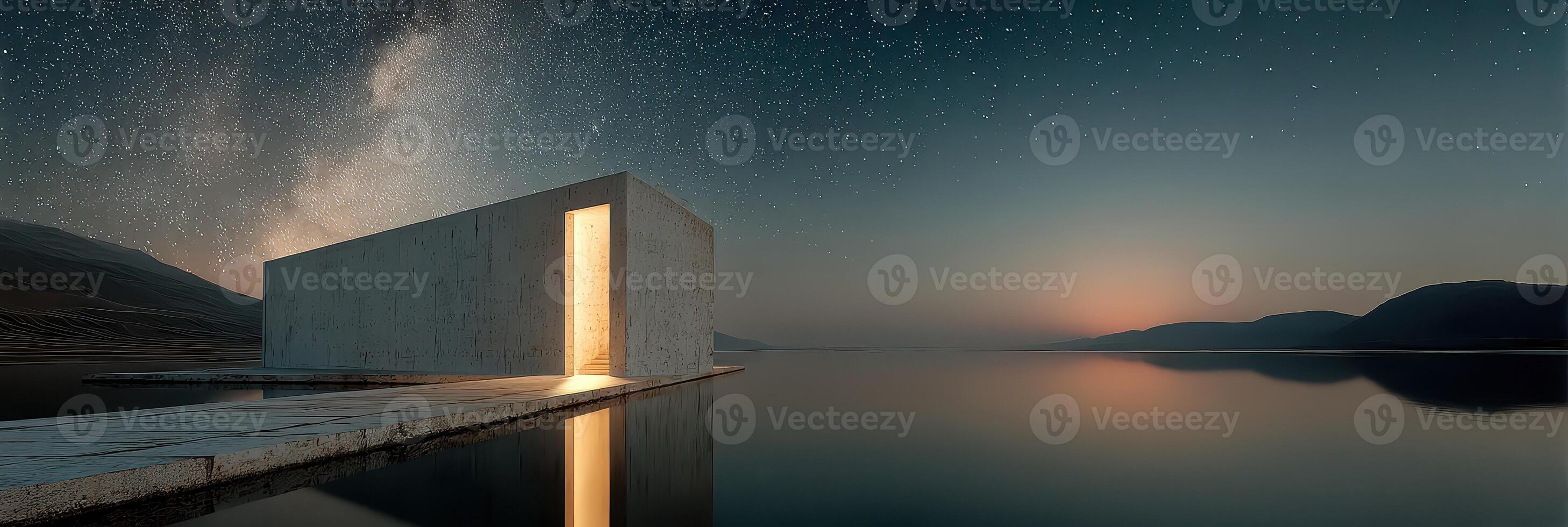 Modern architectural structure by serene lake under a starry sky at twilight photo