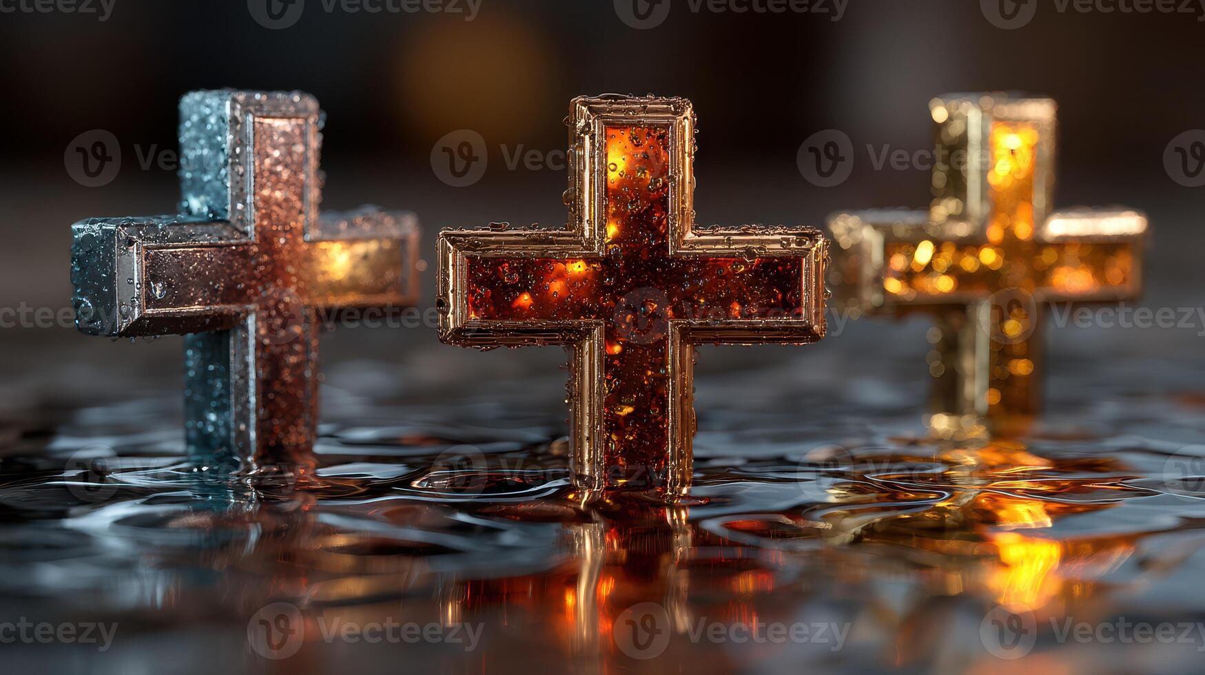 Decorative glass crosses illuminated with warm light creating a serene atmosphere in an artistic display photo