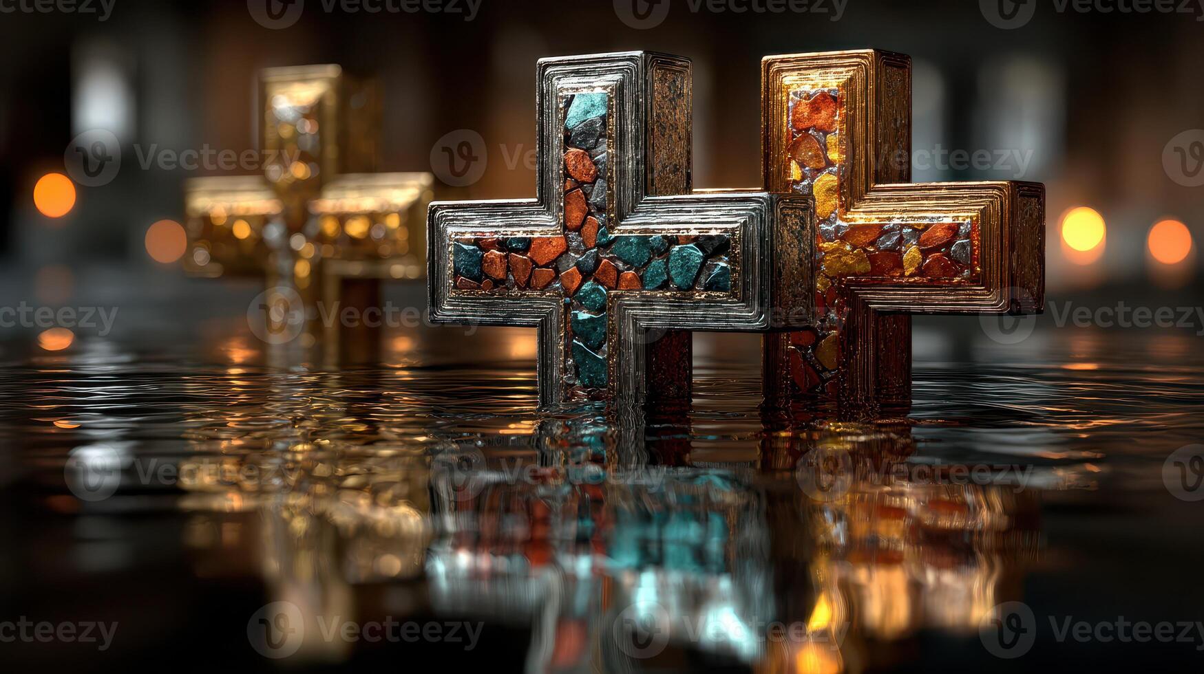 Colorful crosses reflected in water highlight intricate craftsmanship and artistic design in a serene, ambient setting photo